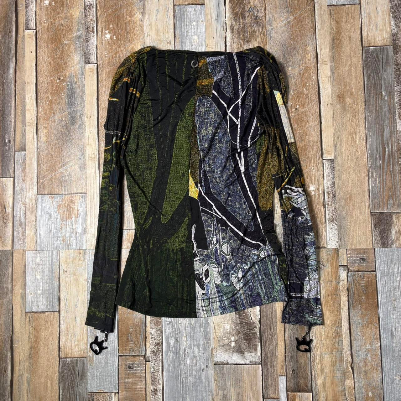 Y2K Save the Queen long sleeve top archive green black cowl neckline