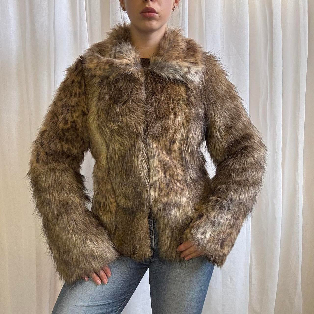 Y2K faux fur coat animal print brown uk 10 Warehouse