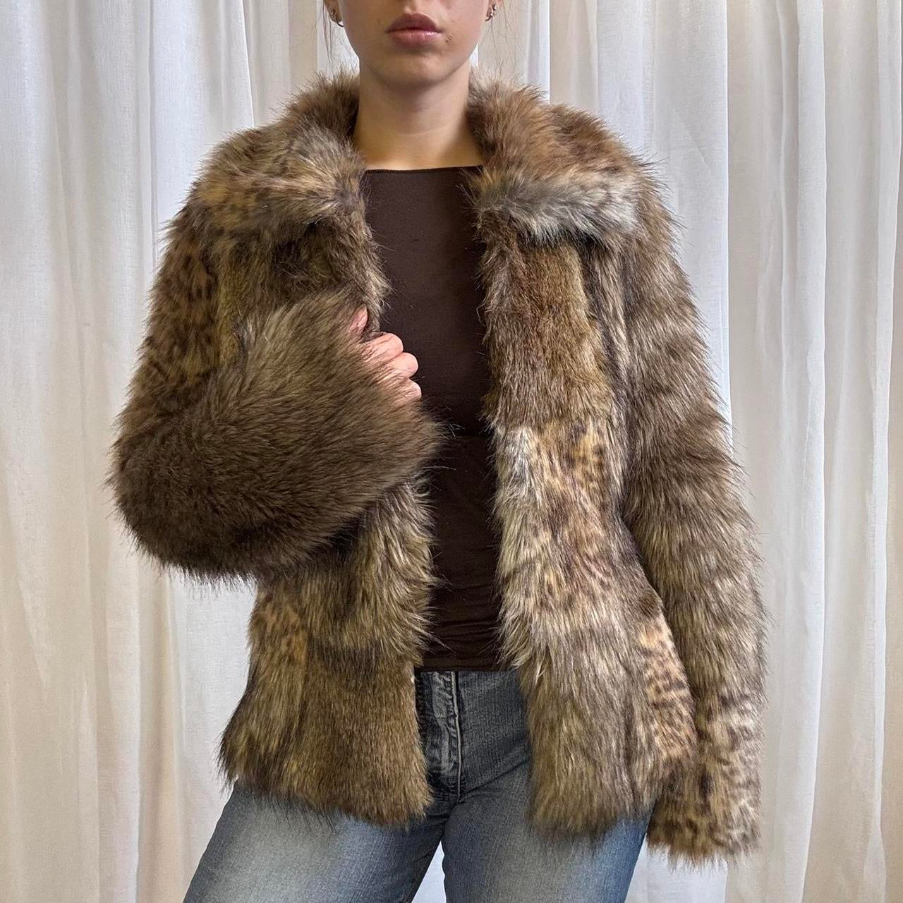 Y2K faux fur coat animal print brown uk 10 Warehouse