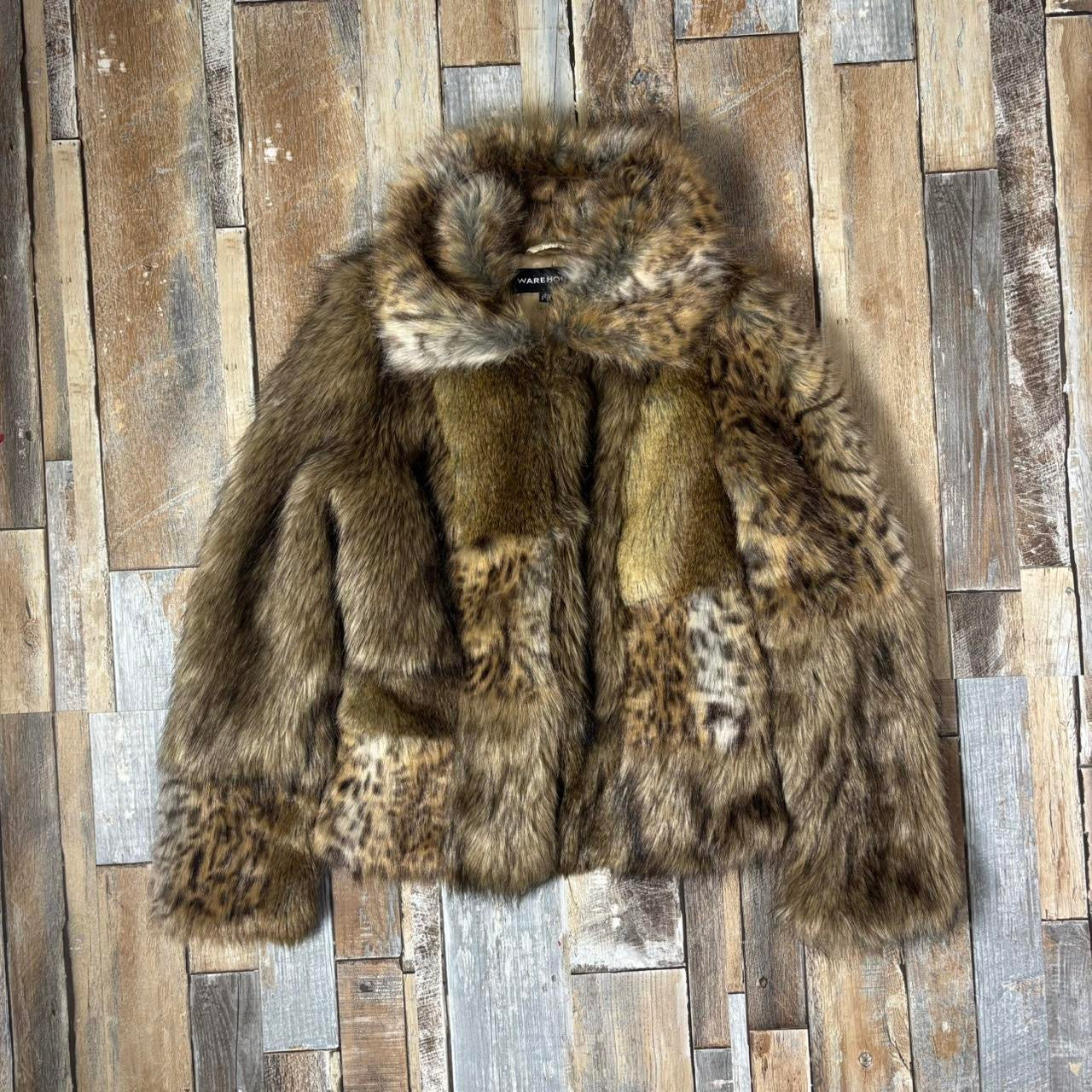 Y2K faux fur coat animal print brown uk 10 Warehouse