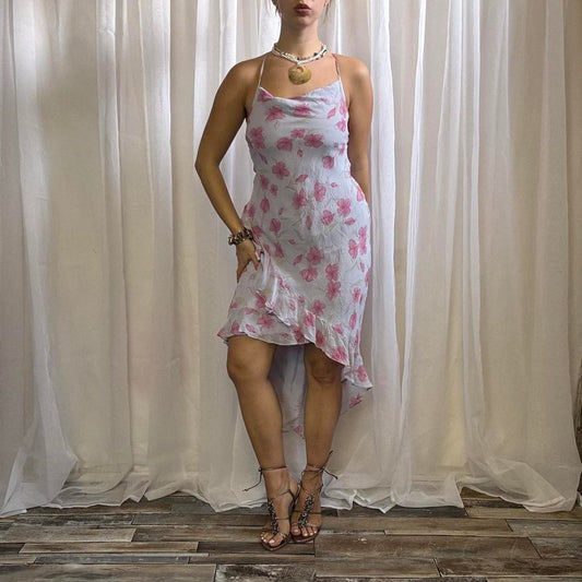 Y2K silk dress asymmetric hem lilac floral with bolero uk 8