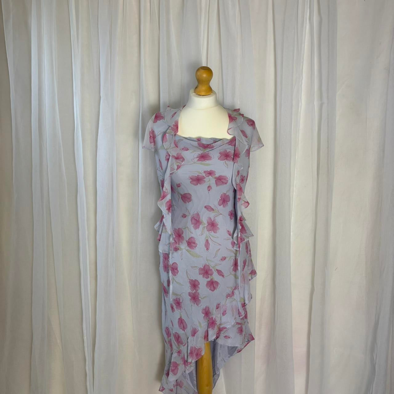Y2K silk dress asymmetric hem lilac floral with bolero uk 8