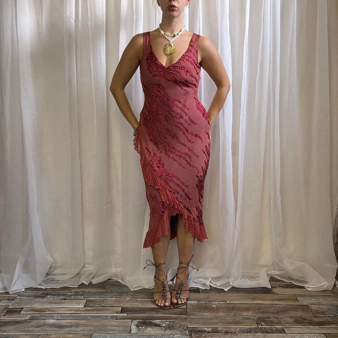 Y2K Monsoon midi dress silk blend floral pink red fishtail uk 10