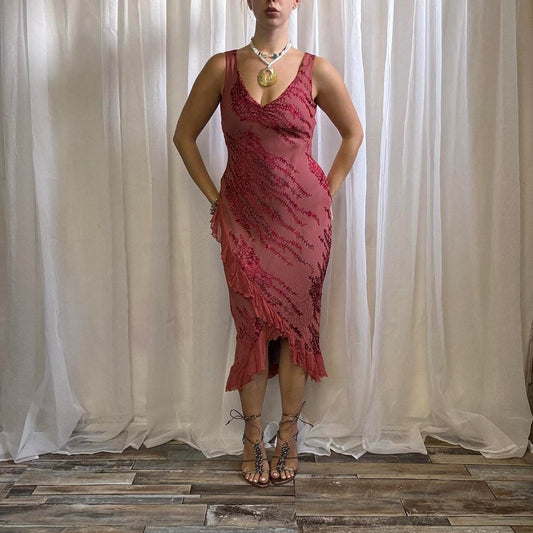 Y2K Monsoon midi dress silk blend floral pink red fishtail uk 10