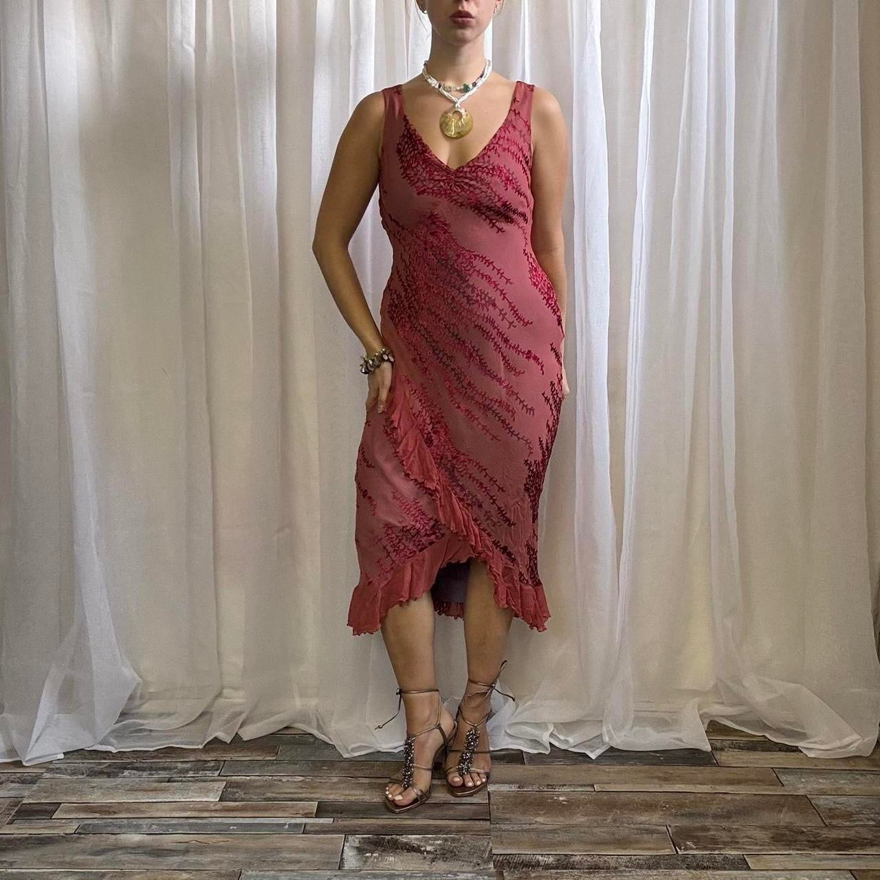 Y2K Monsoon midi dress silk blend floral pink red fishtail uk 10