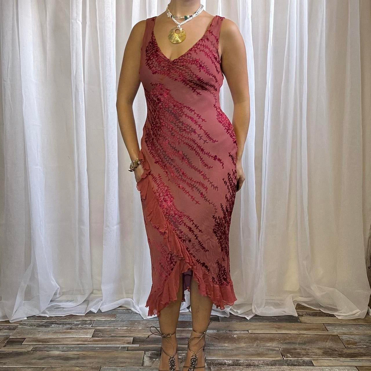 Y2K Monsoon midi dress silk blend floral pink red fishtail uk 10