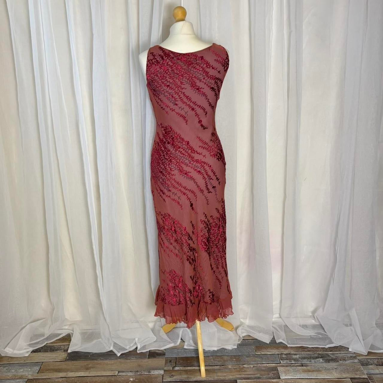 Y2K Monsoon midi dress silk blend floral pink red fishtail uk 10