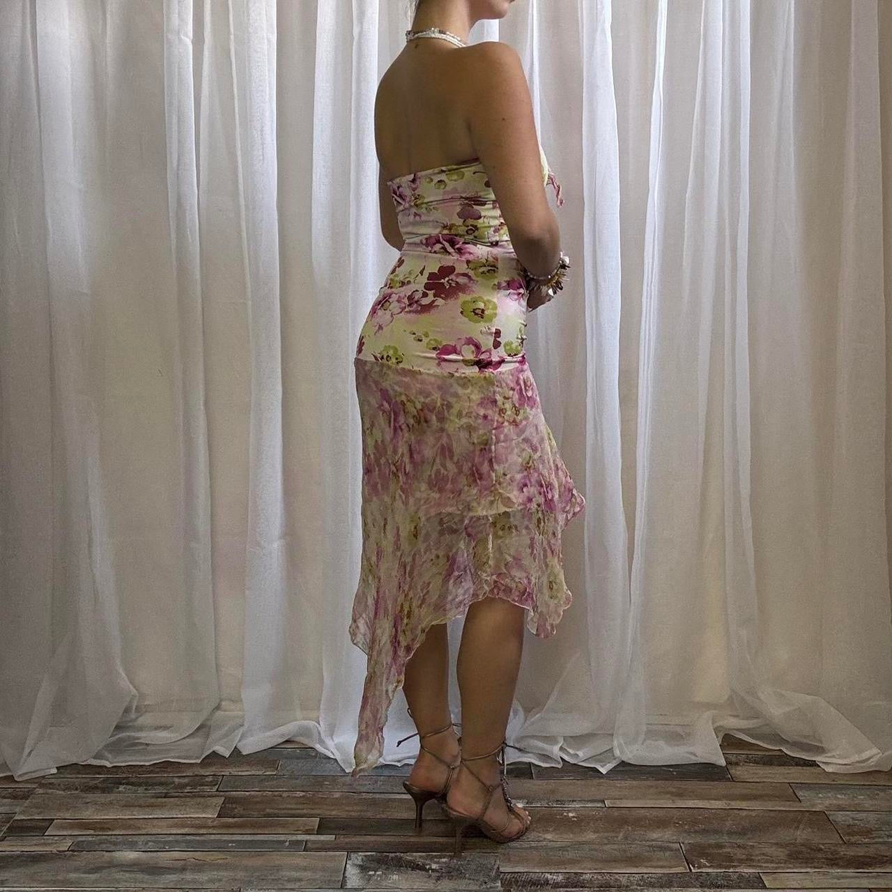 Y2k fairy dress silk blend asymmetric hem floral uk 10