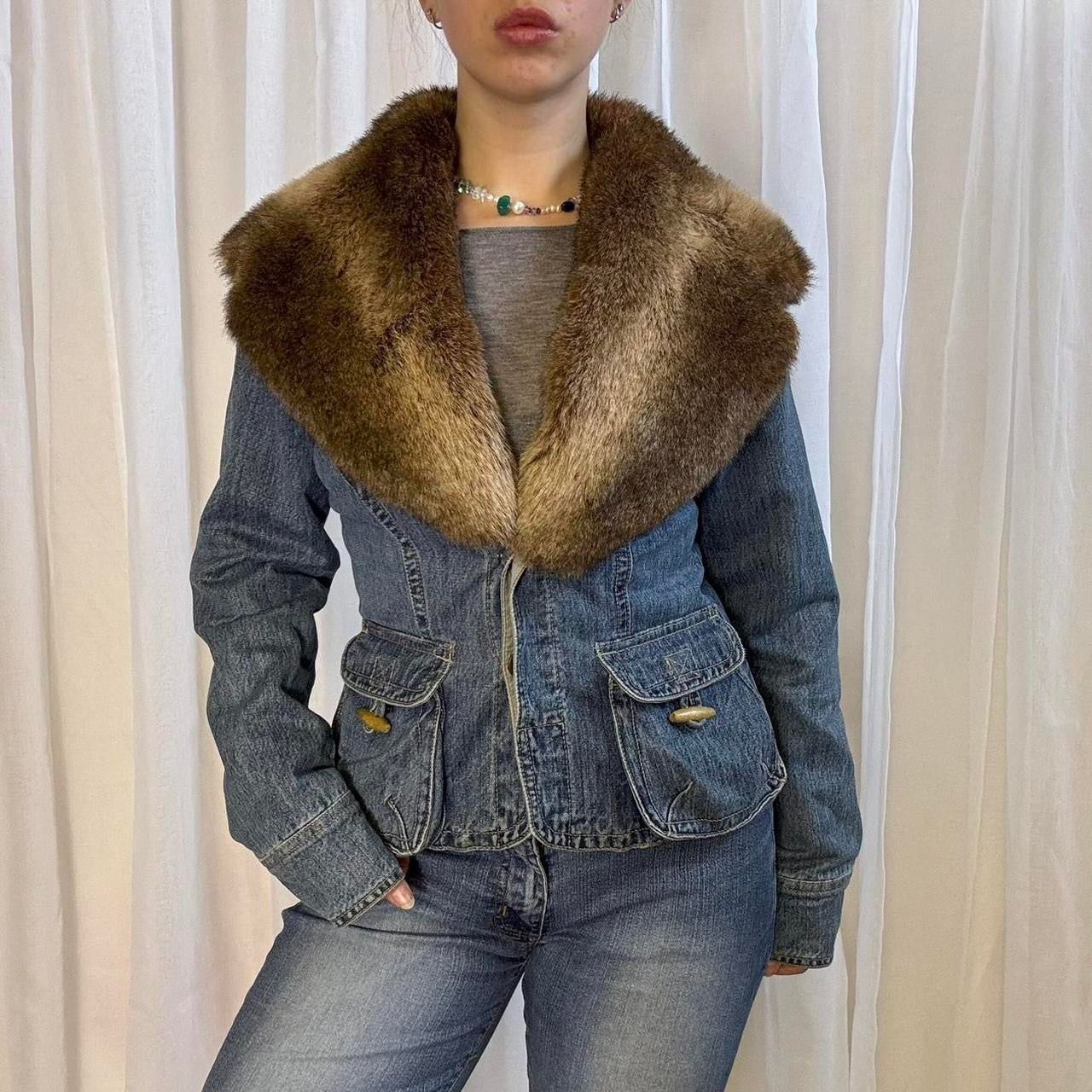 Y2K Morgan de Toi denim jacket brown faux collar size M