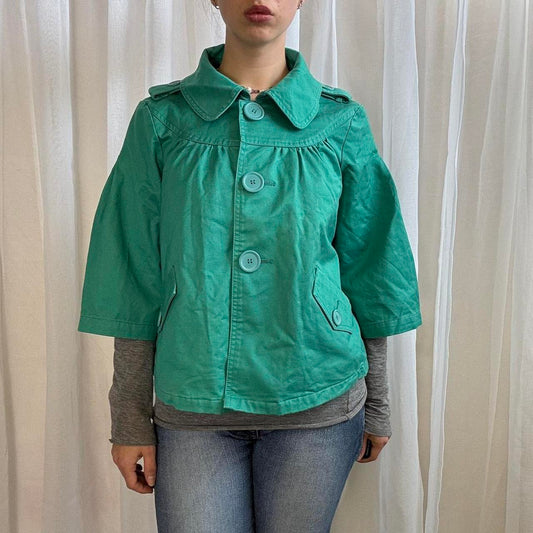 Y2K short trench coat 3/4 sleeve green button up uk 10