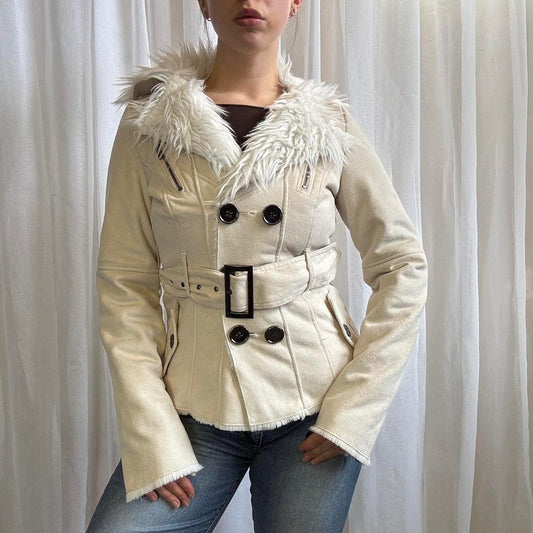 Y2K Jane Norman faux suede jacket cream belted faux fur uk 10