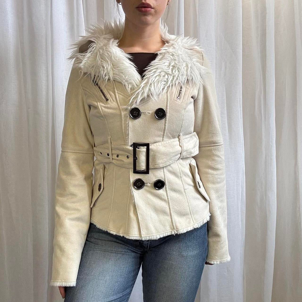 Y2K Jane Norman faux suede jacket cream belted faux fur uk 10