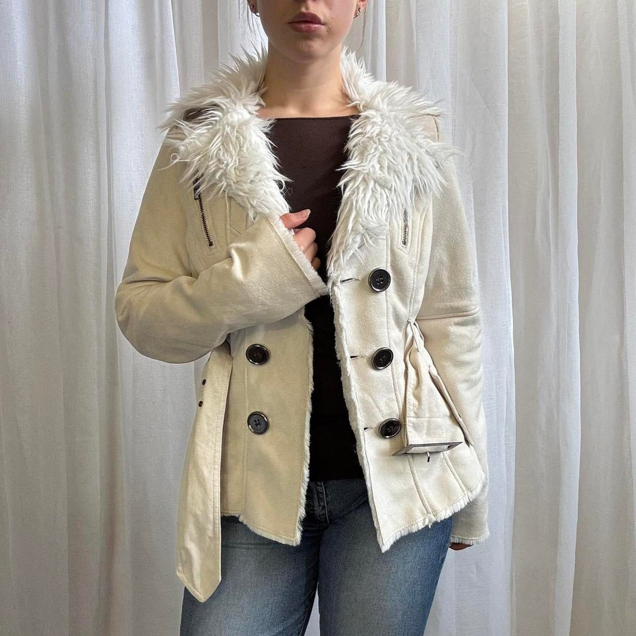Y2K Jane Norman faux suede jacket cream belted faux fur uk 10