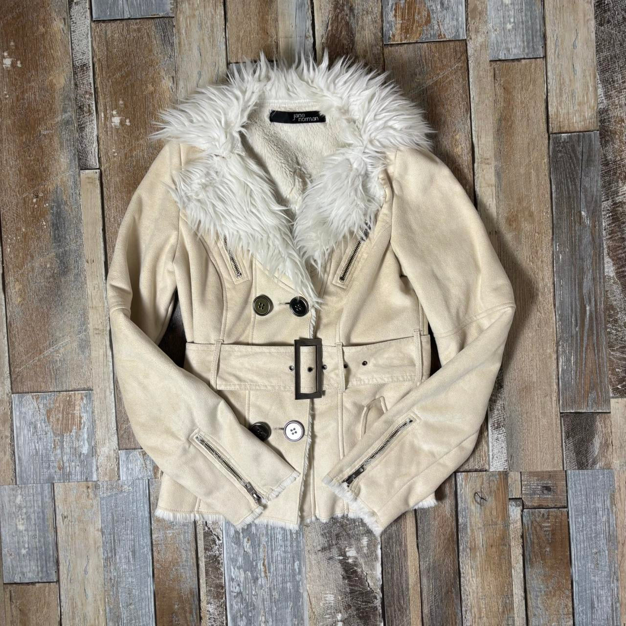 Y2K Jane Norman faux suede jacket cream belted faux fur uk 10