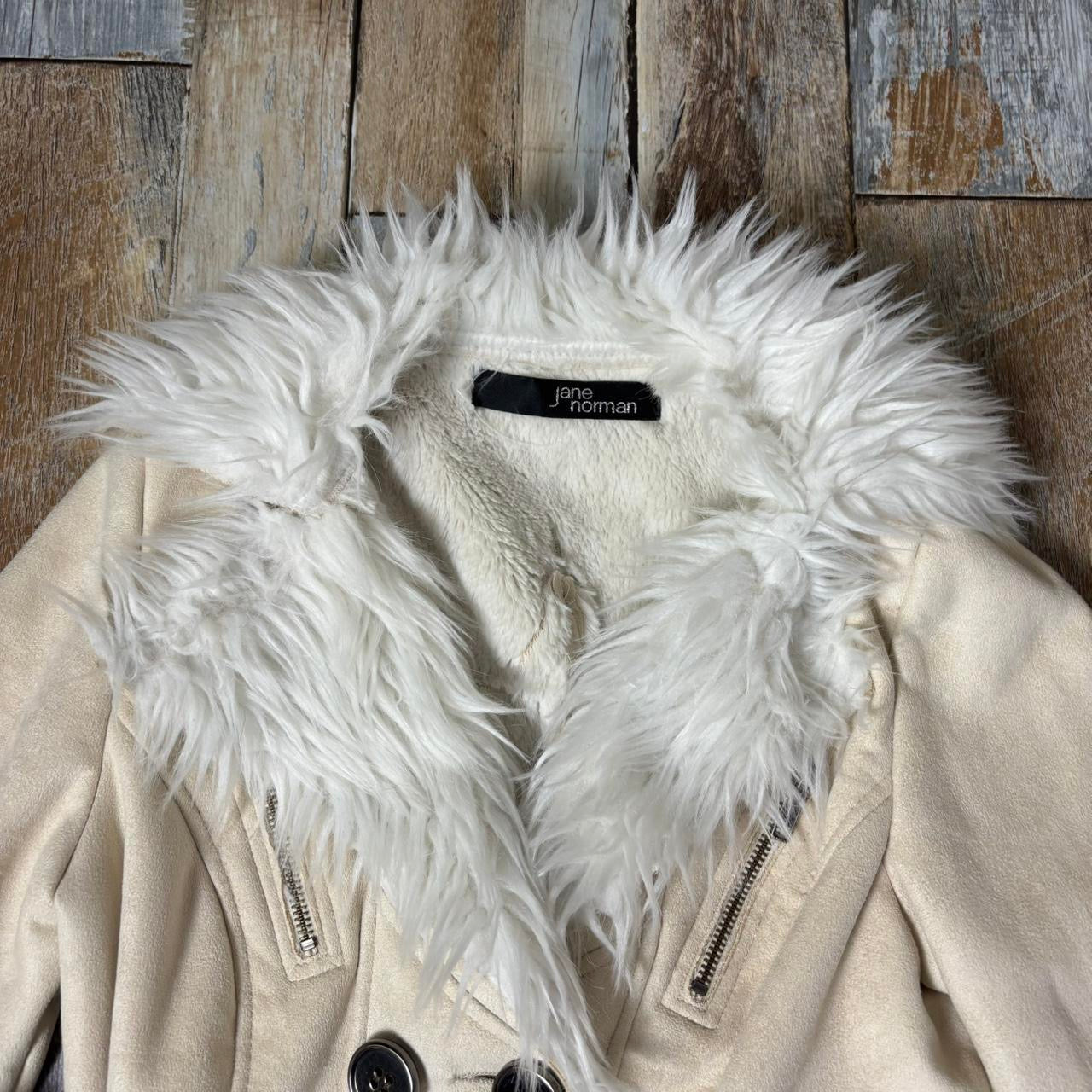 Y2K Jane Norman faux suede jacket cream belted faux fur uk 10