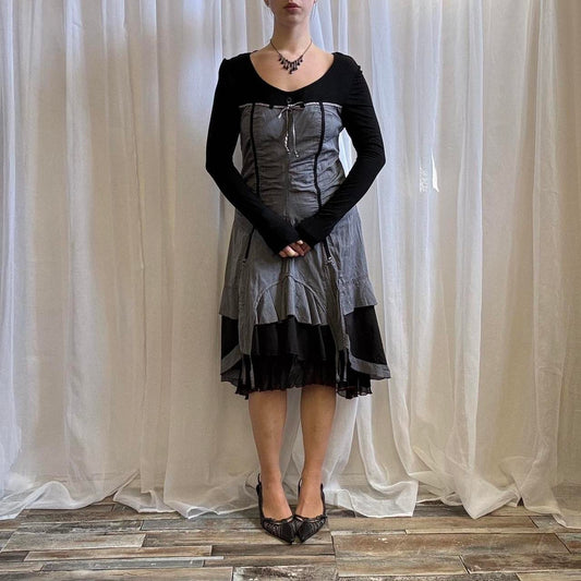 Y2K Joe Browns grunge midi dress long sleeve grey black layered uk 10