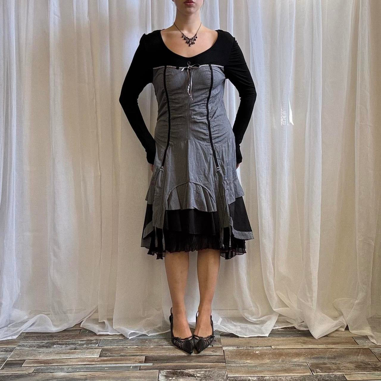 Y2K Joe Browns grunge midi dress long sleeve grey black layered uk 10