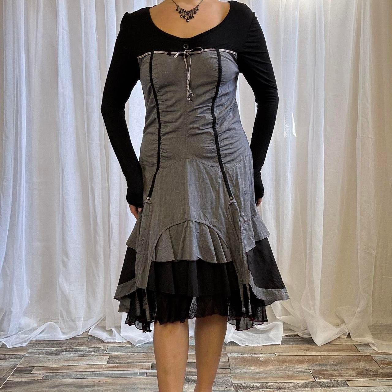 Y2K Joe Browns grunge midi dress long sleeve grey black layered uk 10