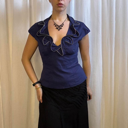 Y2K Karen Millen blouse short sleeve purple zipper detail neckline uk 12