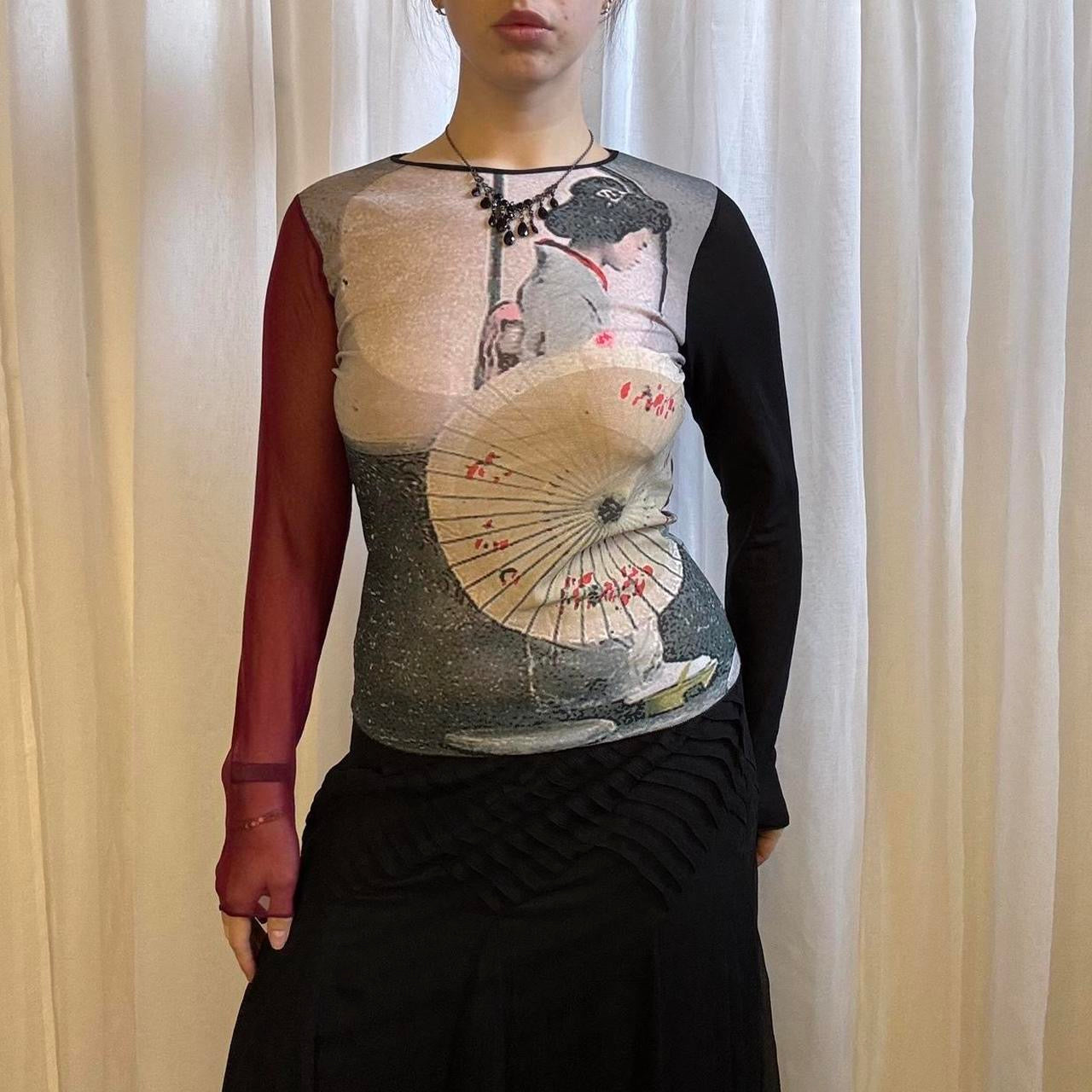 Y2k Cop Copine geisha long sleeve mesh top sheer graphic