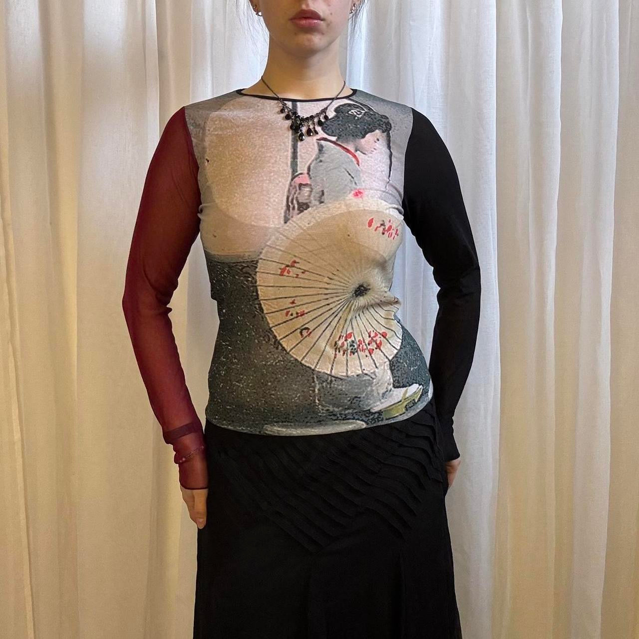 Y2k Cop Copine geisha long sleeve mesh top sheer graphic