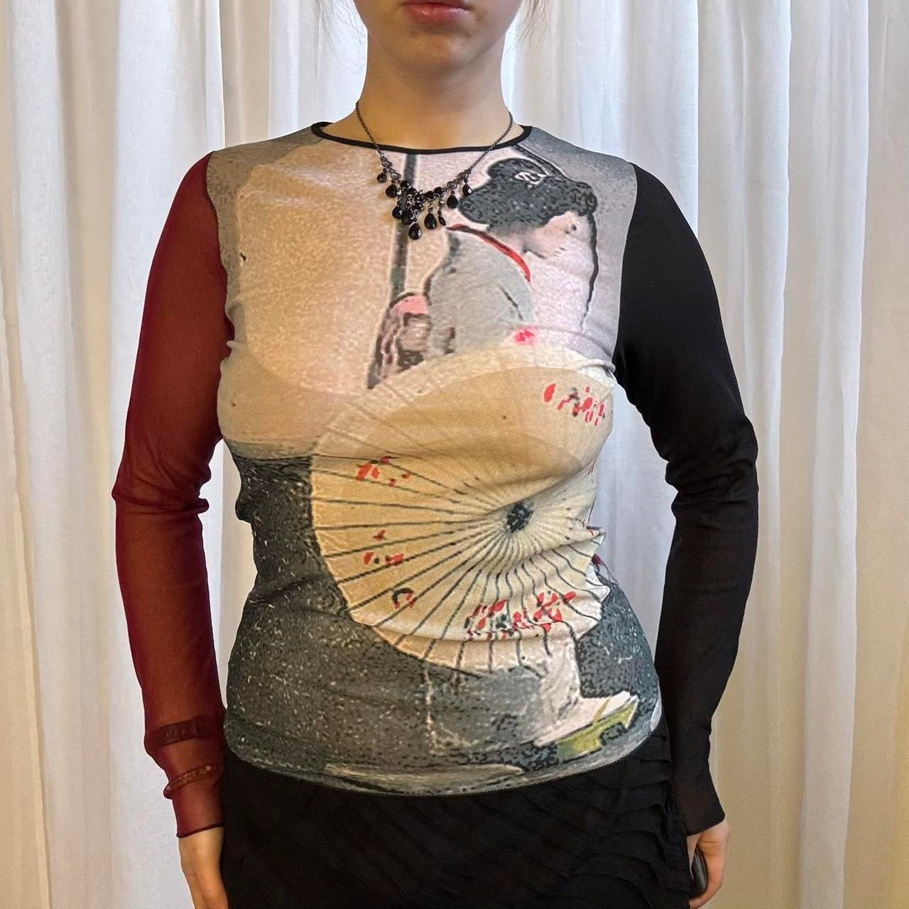 Y2k Cop Copine geisha long sleeve mesh top sheer graphic