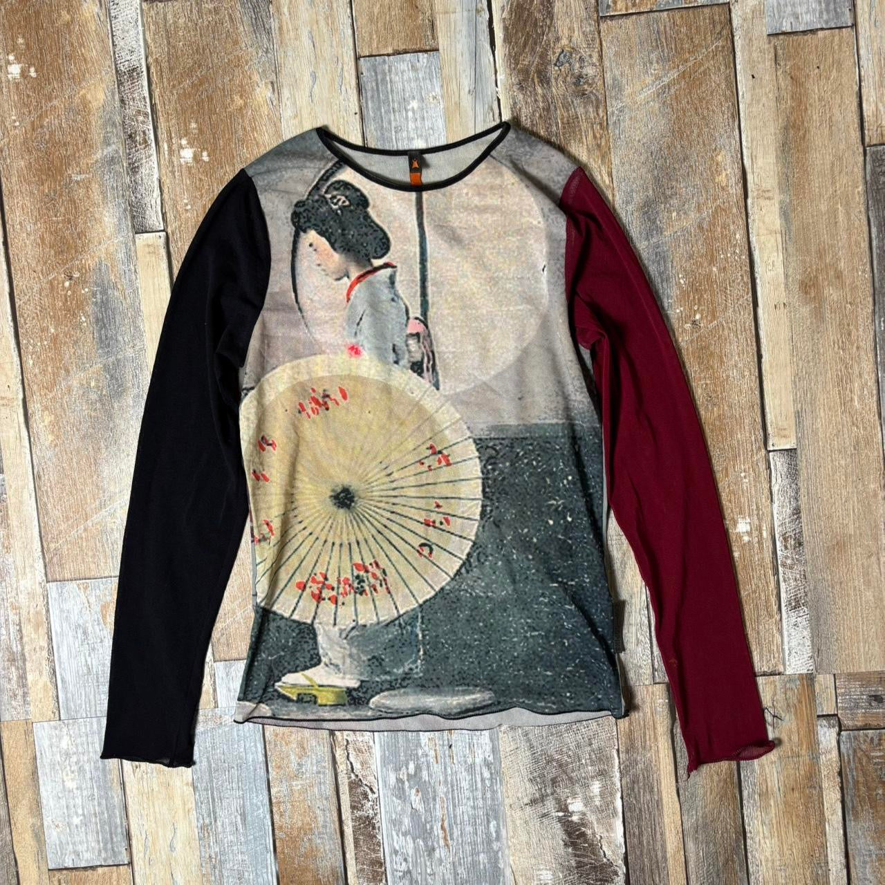 Y2k Cop Copine geisha long sleeve mesh top sheer graphic