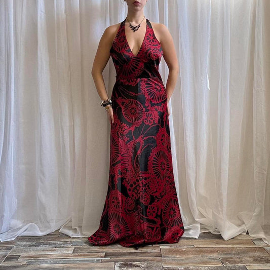 Y2K Jane Norman maxi dress satin floral halterneck black fed uk 14