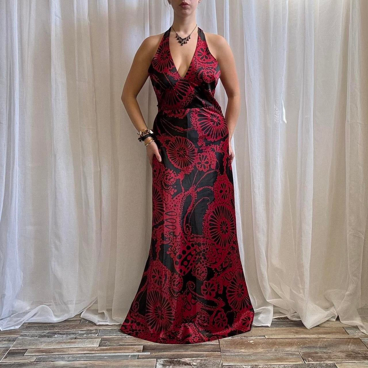 Y2K Jane Norman maxi dress satin floral halterneck black fed uk 14