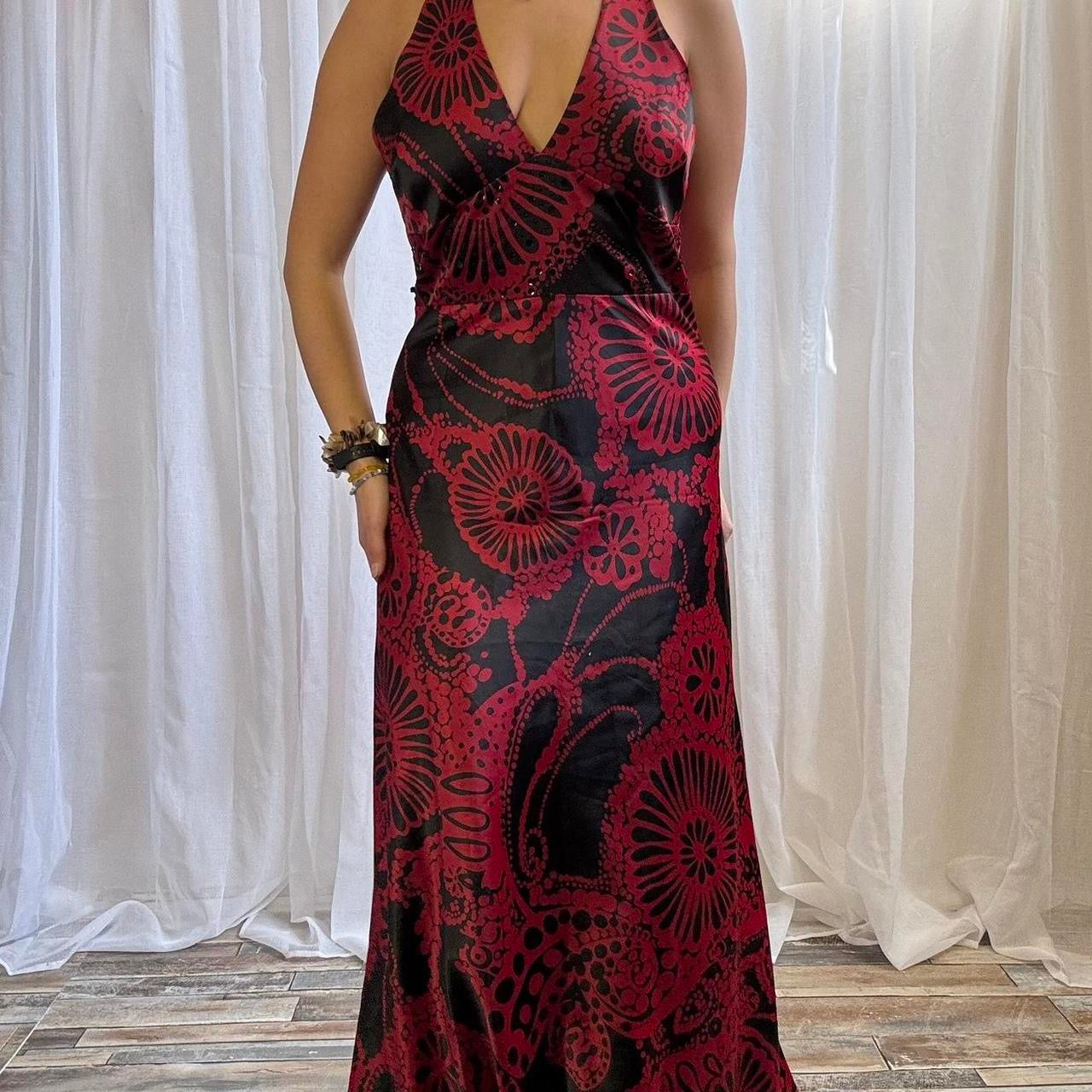 Y2K Jane Norman maxi dress satin floral halterneck black fed uk 14