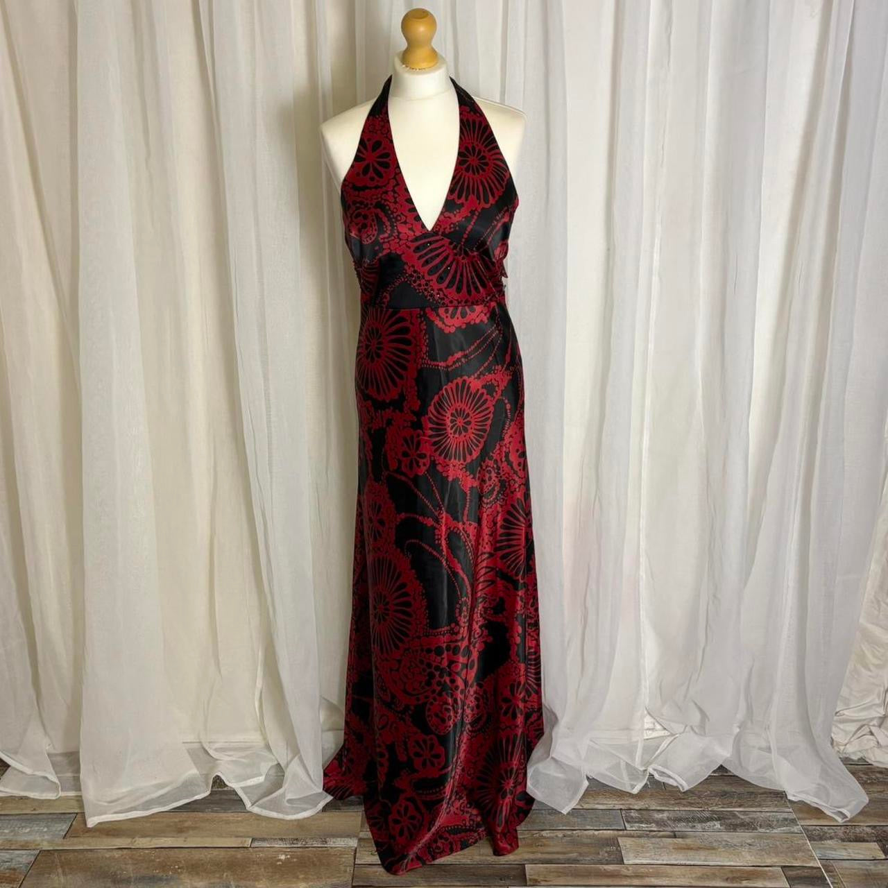 Y2K Jane Norman maxi dress satin floral halterneck black fed uk 14