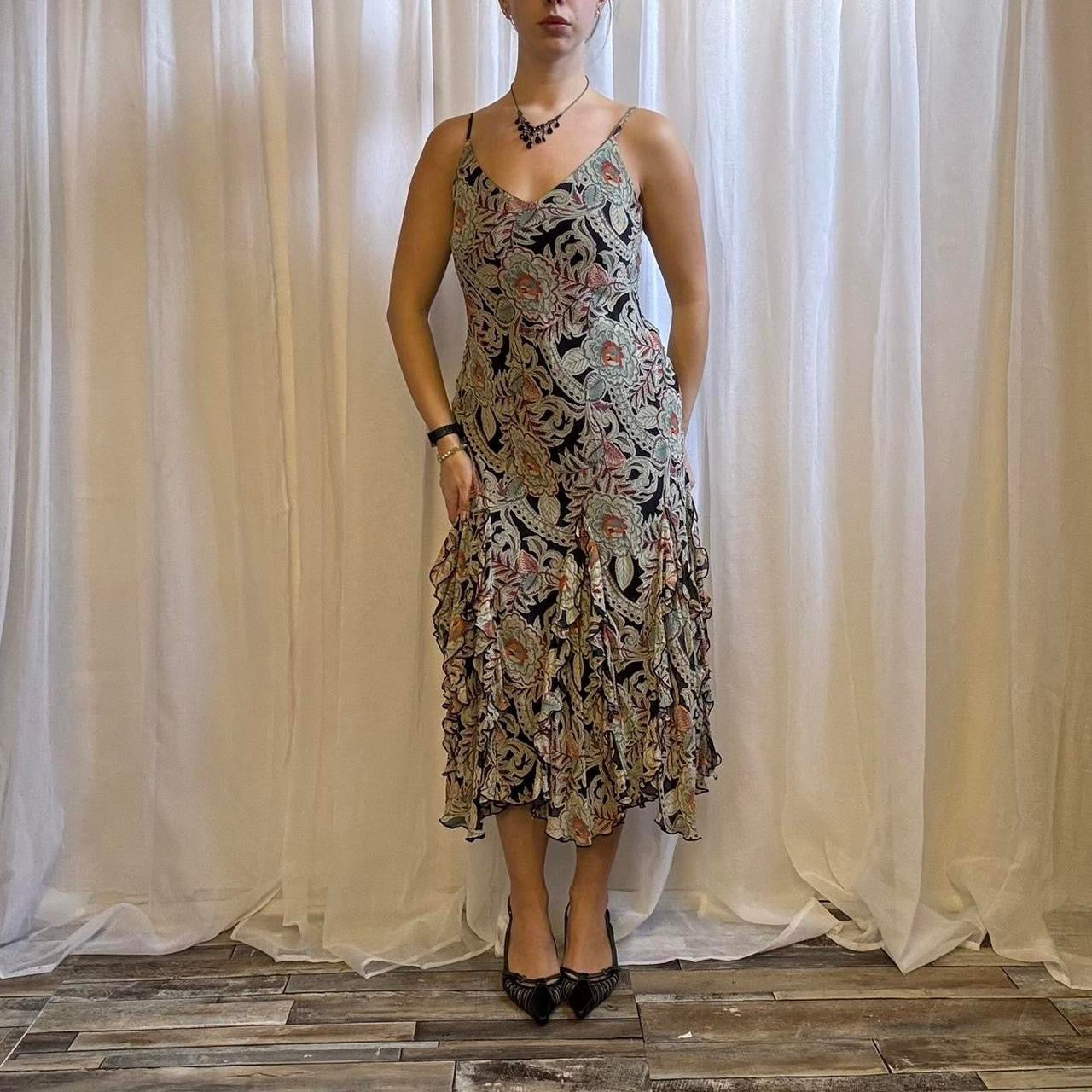 Y2K Coast silk midi dress floral ruffle hem uk 14