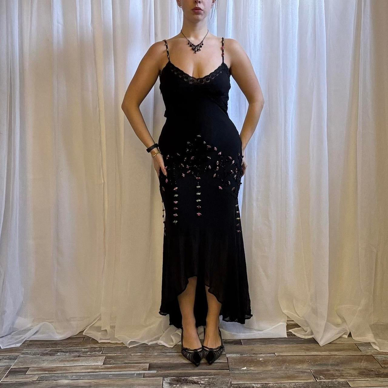 Y2K Caché silk maxi dress fishtail hem pink flower detailing uk 8