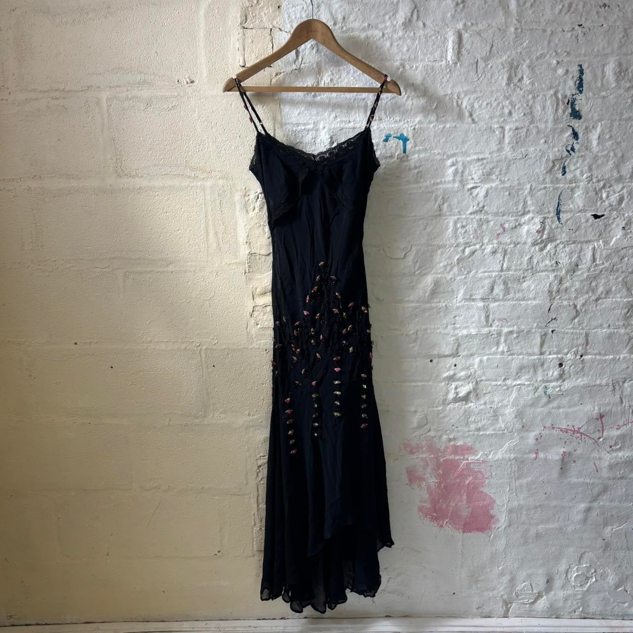 Y2K Caché silk maxi dress fishtail hem pink flower detailing uk 8