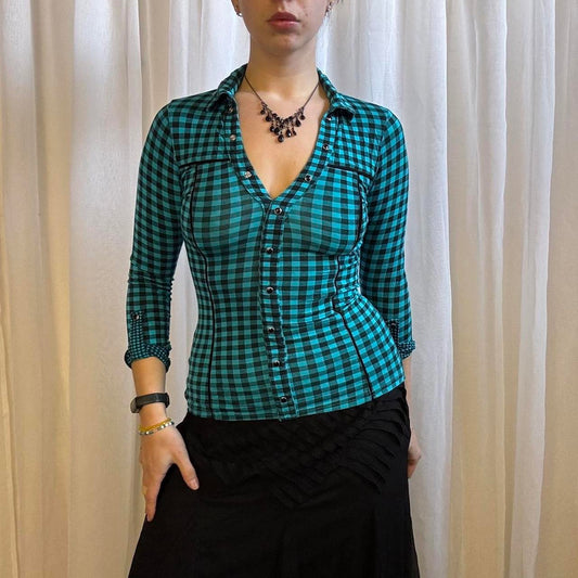 Y2K Jane Norman shirt 3/4 sleeve blue black checkered uk 8