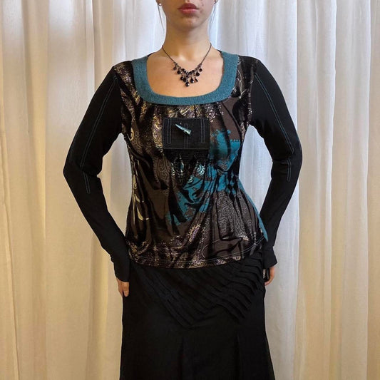 Y2K long sleeve top knit abstract print black blue uk 10