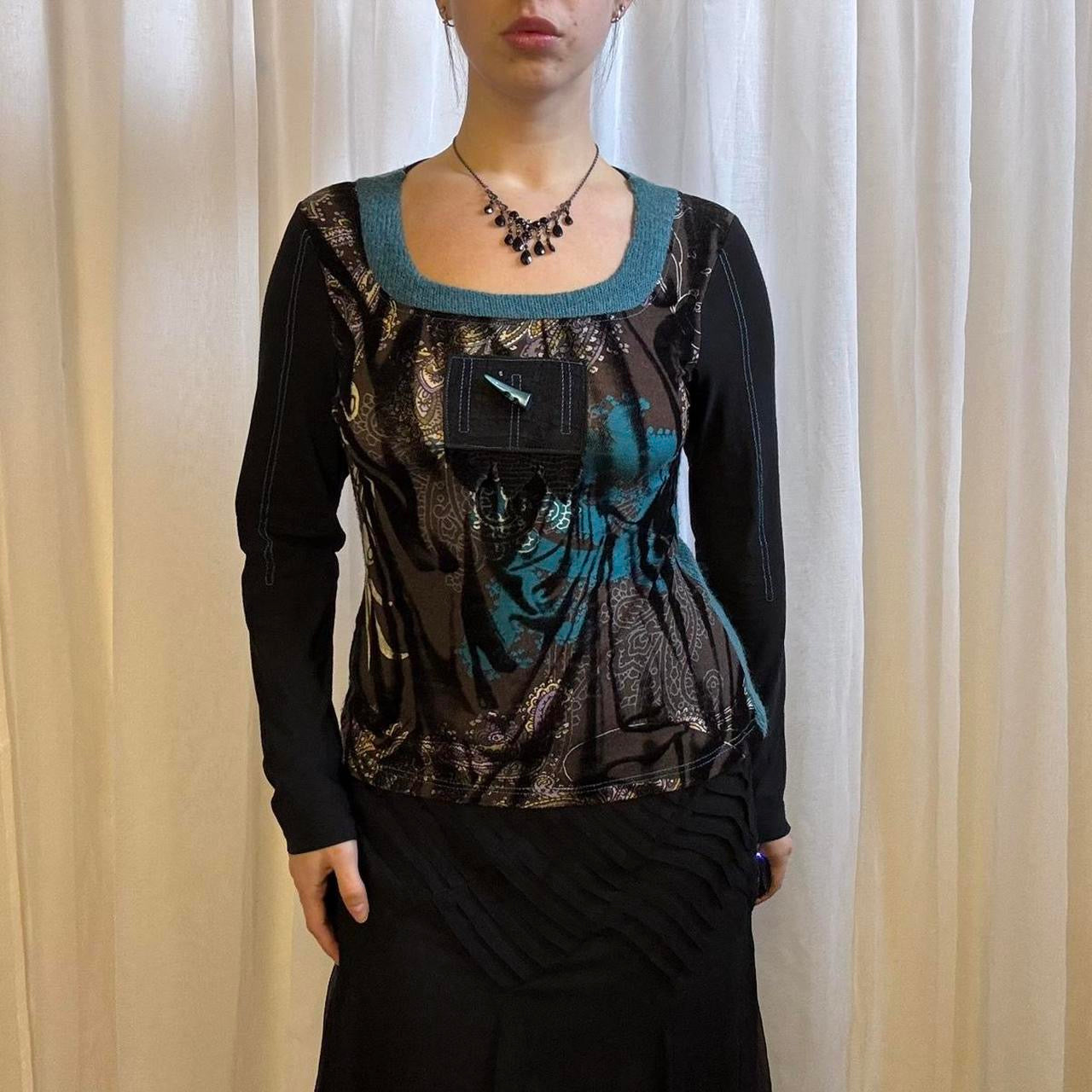 Y2K long sleeve top knit abstract print black blue uk 10