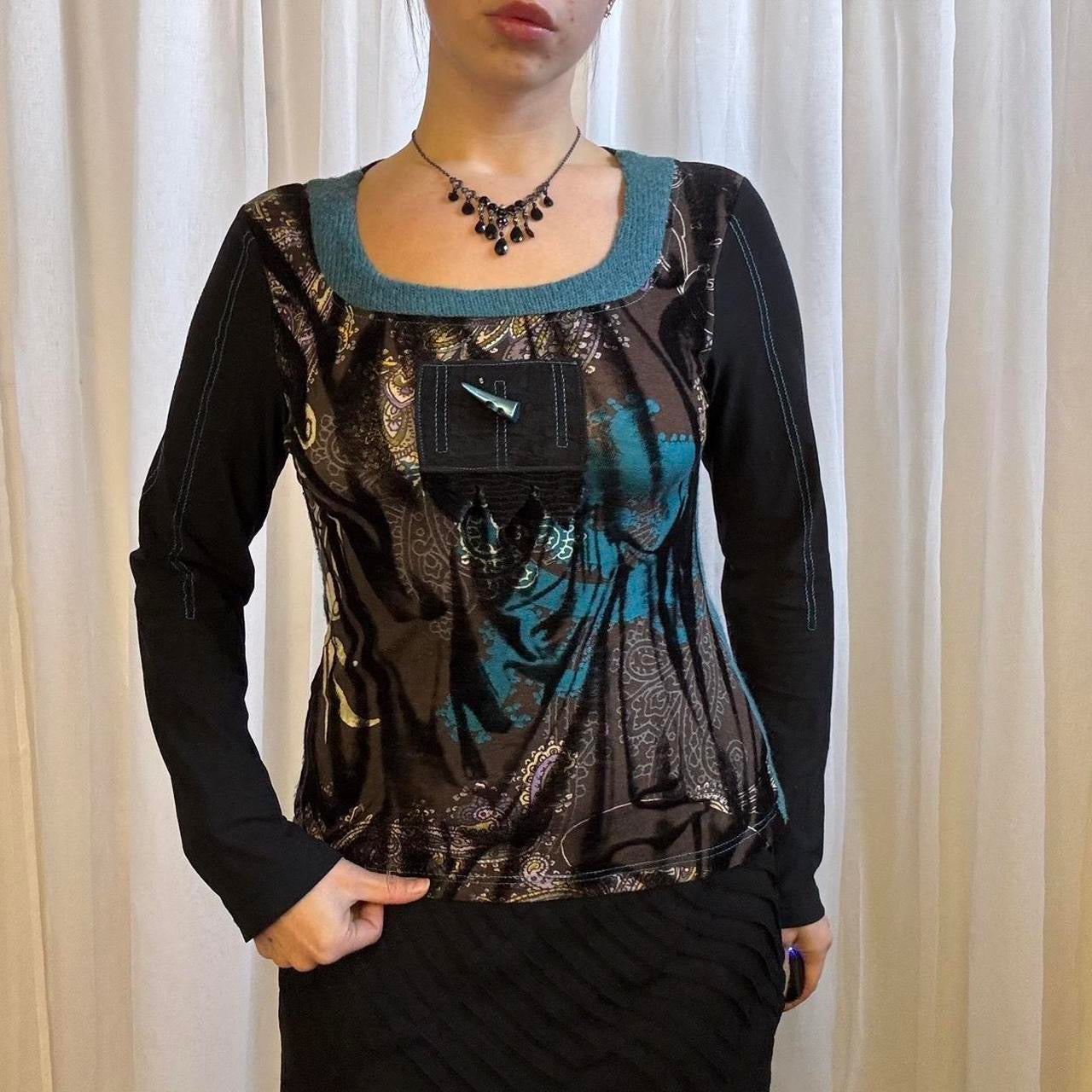 Y2K long sleeve top knit abstract print black blue uk 10
