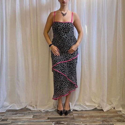Y2K silk midi dress retro pattern layered asymmetric hem black uk 14