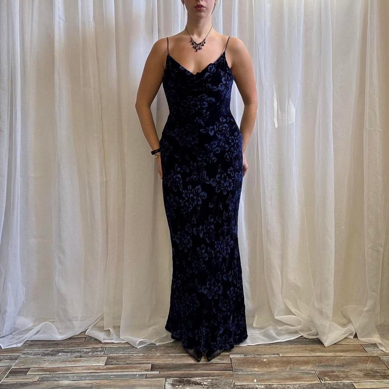 90s Monsoon maxi dress silk blend midnight blue devore velvet uk 14