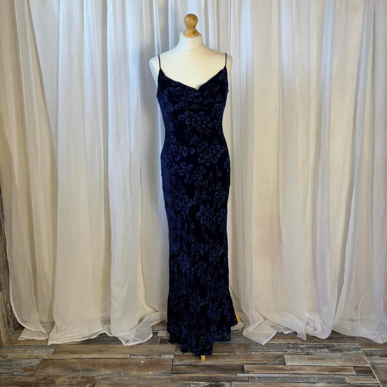 90s Monsoon maxi dress silk blend midnight blue devore velvet uk 14