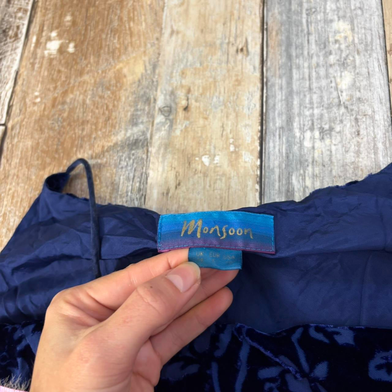 90s Monsoon maxi dress silk blend midnight blue devore velvet uk 14