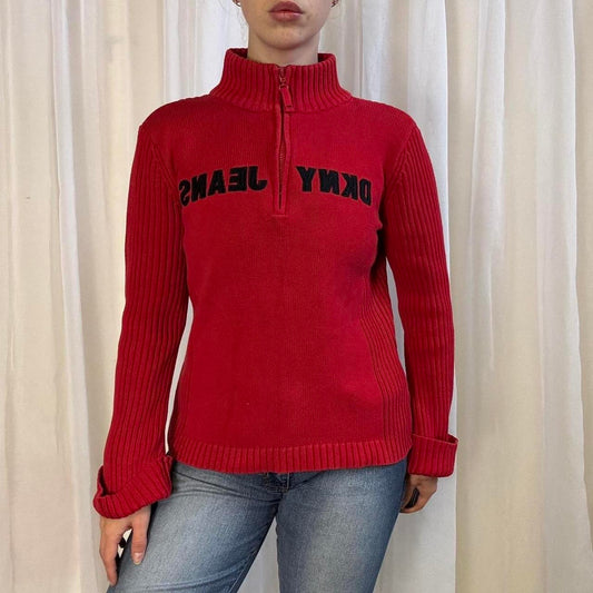 Y2K DKNY quarter zip knit pullover red jumper size L