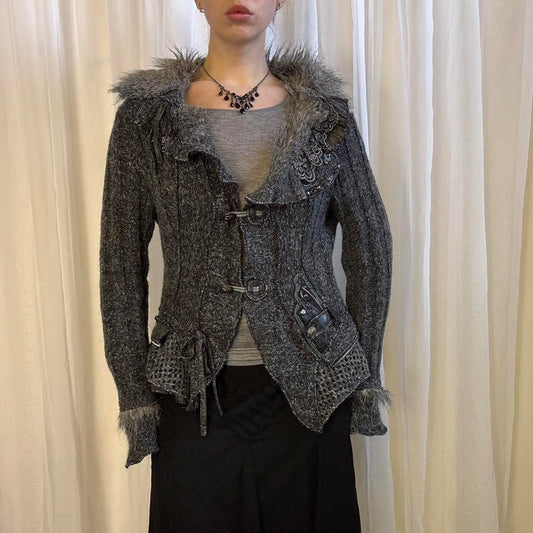 Y2k grunge cardigan wool blend grey faux fur detailing L / XL