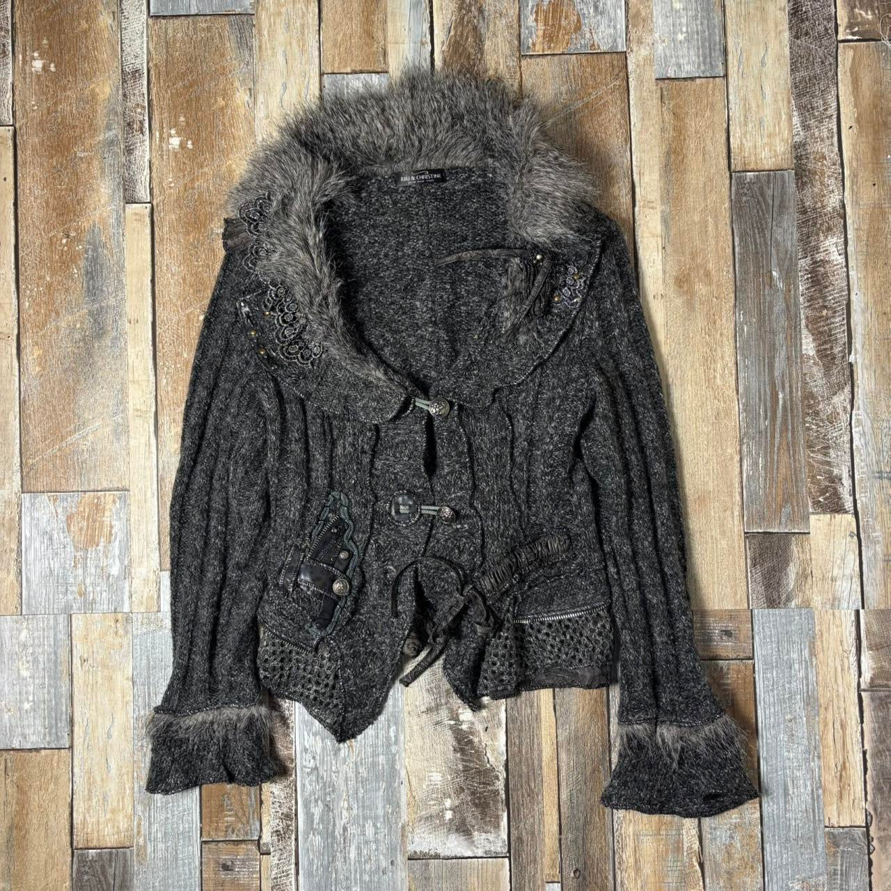 Y2k grunge cardigan wool blend grey faux fur detailing L / XL