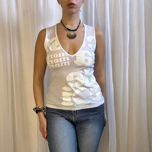 Y2K Morgan de Toi vest top sheer mesh slogan print