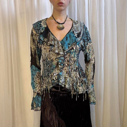 Y2K boho long sleeve shirt ruffle layered long sleeve uk 16