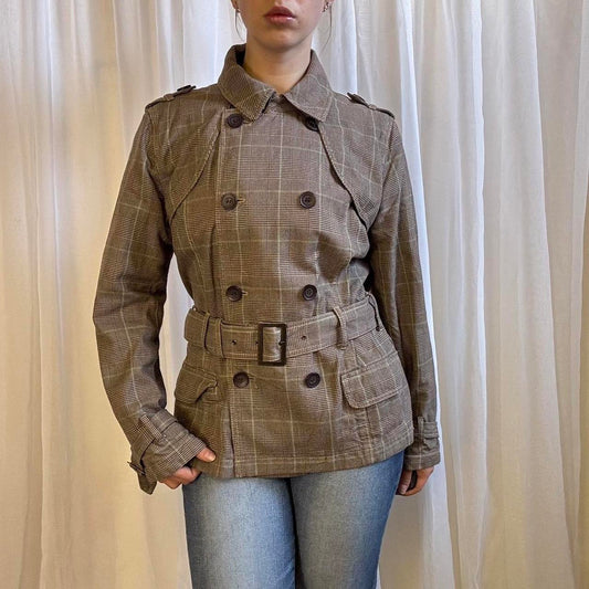 Y2k trench coat double breasted checkered brown uk 10