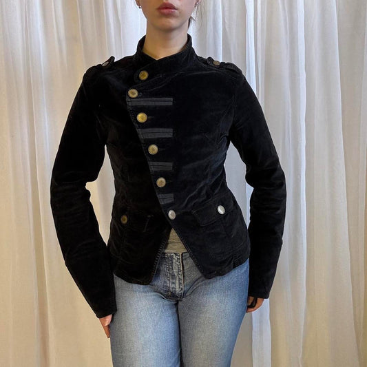 Y2K Jane Norman velvet military style jacket black asymmetric buttons size 12