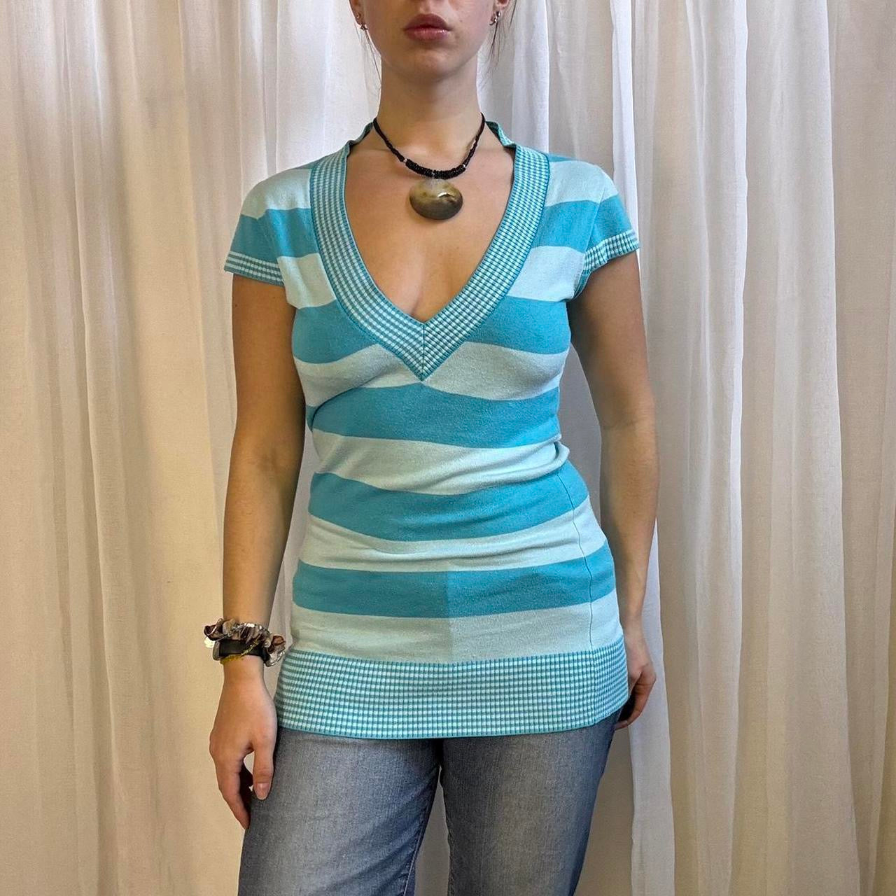 Y2K Jane Norman short sleeve longline jumper blue stripe v neck uk 12
